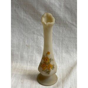 Fenton Satin Custard Daisies Cameo Bud Vase Artist Signed Vintage